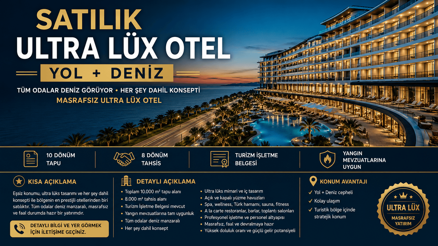 Satılık Ultra Lüks Deniz Manzaralı Otel | Her Şey Dahil Konsept | Turizm Belgeli | Masrafsız Yatırım Fırsatı